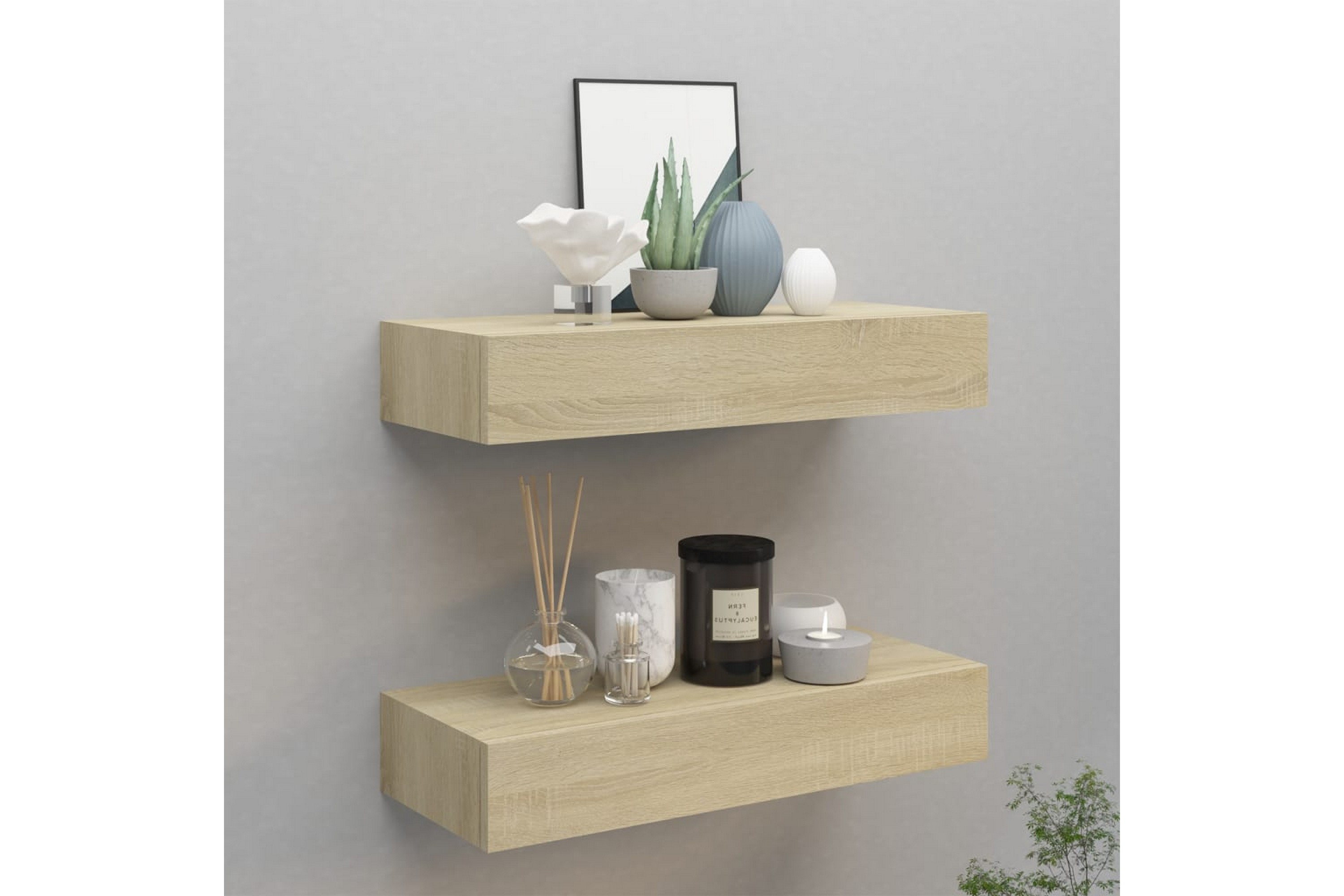 Be Basic væghængte hylder med skuffe 2 stk 60x23 5x10 cm MDF egetræ